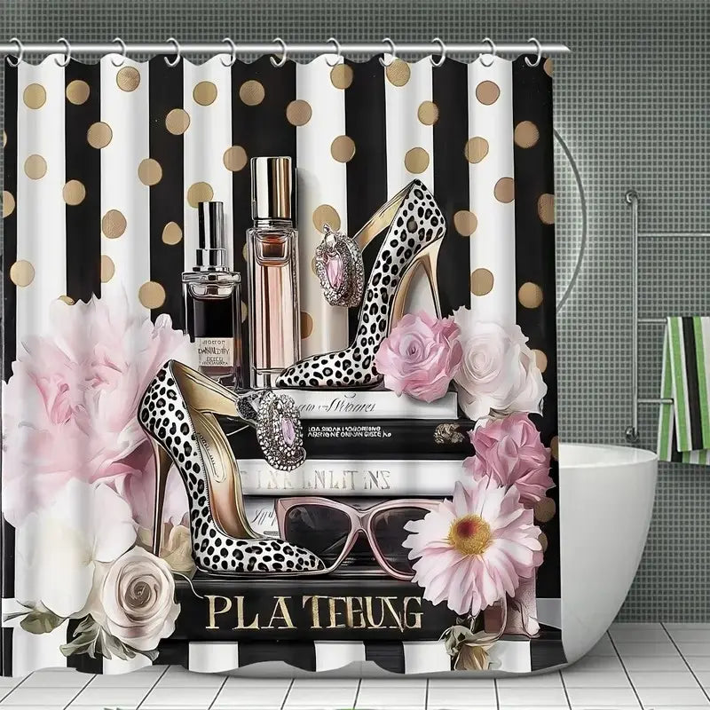 1/4pc Floral Pattern Bathroom Decor Set, including shower curtain, toilet U-shaped mat, bathroom mat, and toilet seat cover, comes with 12 shower curtain hooks, Bathroom Decor and Accessories, Bathroom Supplies