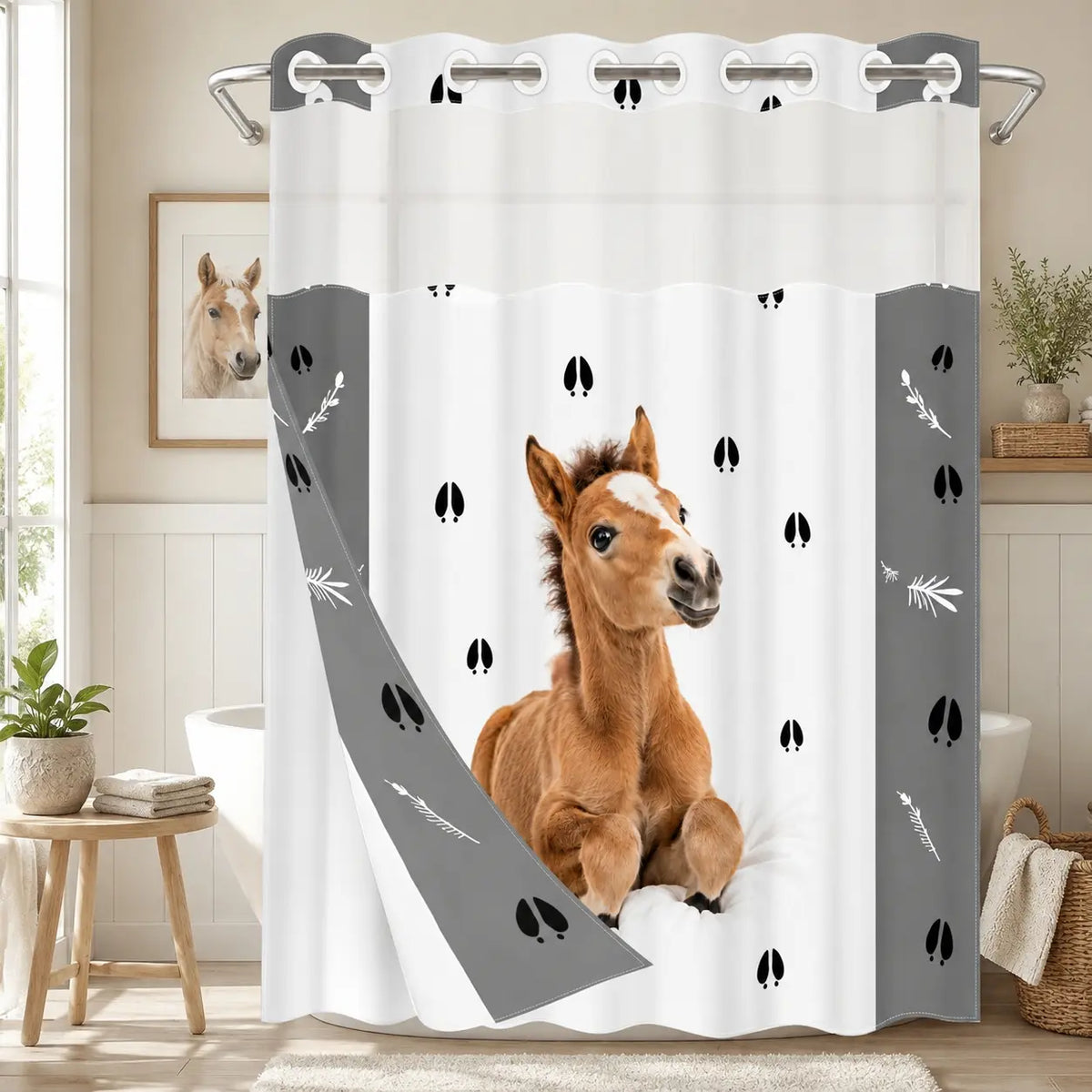 1pc hookless shower curtain with liner, black, white cat paw decorative design 2D printing, fabric waterproof liner, see-through window, double-layer, 71 x 74 inches, modern home decoration, Shower Curtain No Hooks With Liner