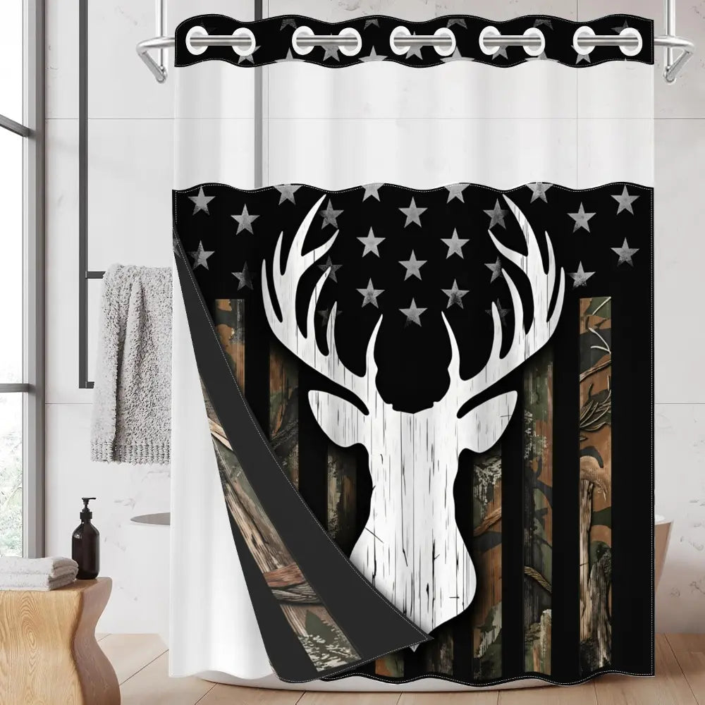 1pc hookless Modern with buckle lining, black and white deer head camouflage design, 2D printing, fabric waterproof lining, double-layer, 71 x 74 inches, Decorative shower curtain, Bathroom Decor, Printed Shower Curtain