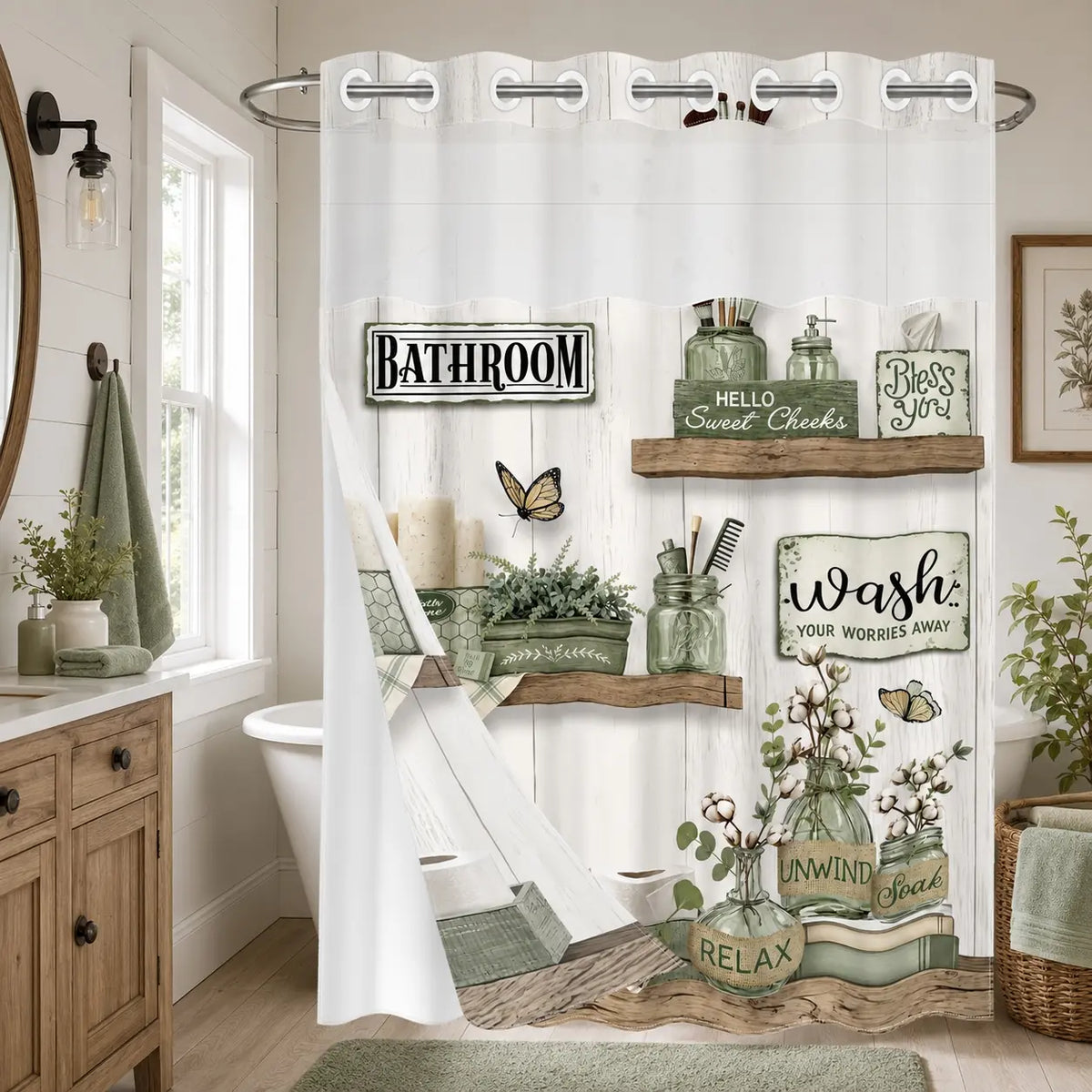 1Pc Double Layer Shower Curtain, Rustic Farmhouse Butterfly Print, Removable Snap-in Liner, Water Repellent Washable Fabric For Apartment Rental Bathtub Shower, 71x74 Inch, Shower Curtain No Hooks With Liner