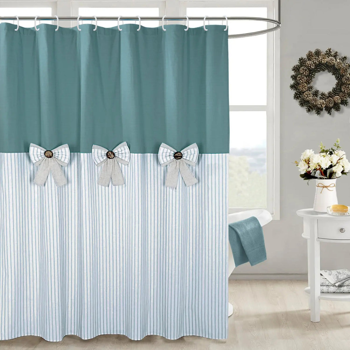 Rustic Farmhouse Shower Curtain - Striped Bottom, Bow Detail, Pattern Design for Cozy Bathroom Decor, Farmhouse Shower Curtains,sohochic