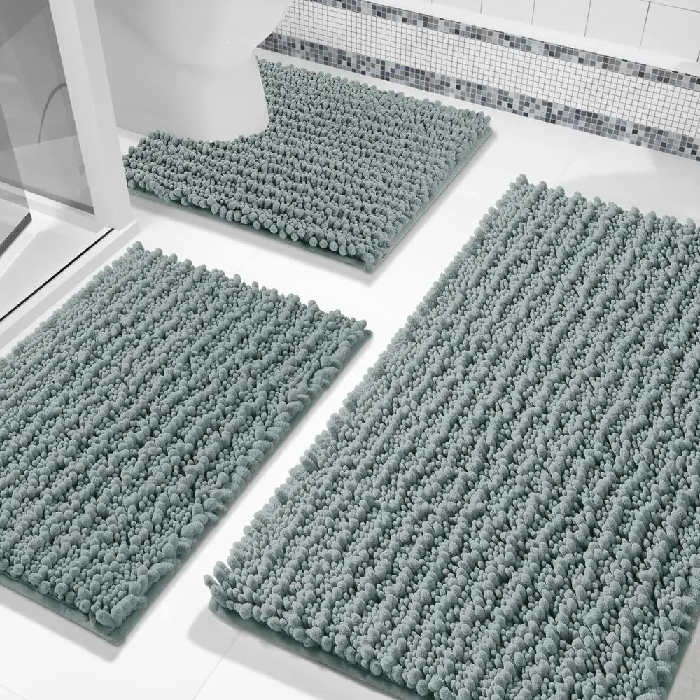 Pet Plush Chenille 3-Piece Rectangle Bathroom Floor Mat Set - 24.4"x20.4", 31.5"x19.8", 44.1"x24" Mats, Fluffy, Super Absorbent, Quick Dry, Non Slip Hot-Melt Adhesive Backing, Easy to Clean, Extra Thick Shaggy, for Toilet, Indoors, Grey (Pet Supplies)