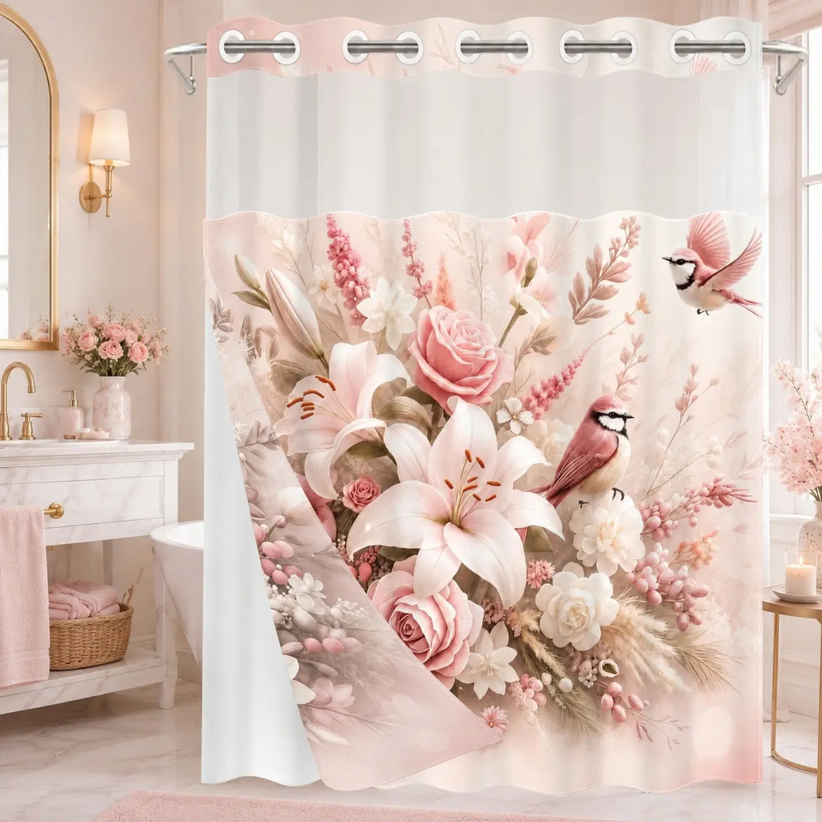Blue Lily Rose Bird No Hook Shower Curtain Floral with Snap-In Liner, Double Layer Waterproof, Sheer Mesh Top, Removable White Liner, Machine Washable, Farmhouse Garden Decor, Hotel, Dorm & Home Bathroom Accessory, 72 x 74 Inches
