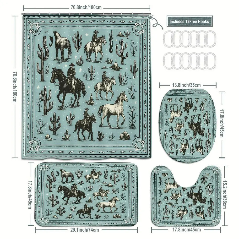 4pcs Western Cowboy Horse Cactus Shower Curtain Set, Decorative Shower Curtain, Boho Rodeo Bathroom Decor, Rustic Farmhouse Festival Style, Sage Green Southwestern Wild West Print