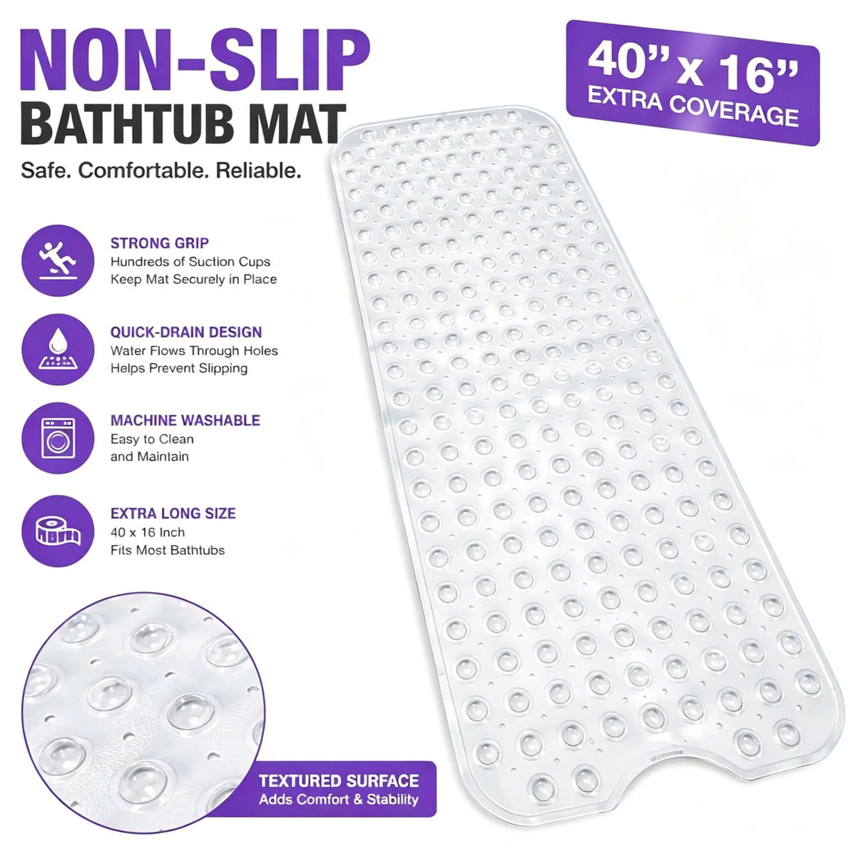 Bathroom Essentials Mat 40x16 Inch,Non Slip Mat With Strong Suction Cups,Large Machine Washable Shower Rug,Drain Holes Keep Tub Clean,Waterproof Mold Resistant Rubber PVC Mat,Blue Black Transparent Light Gray,Bathroom Supplies,Holiday Gift For Family, Bat