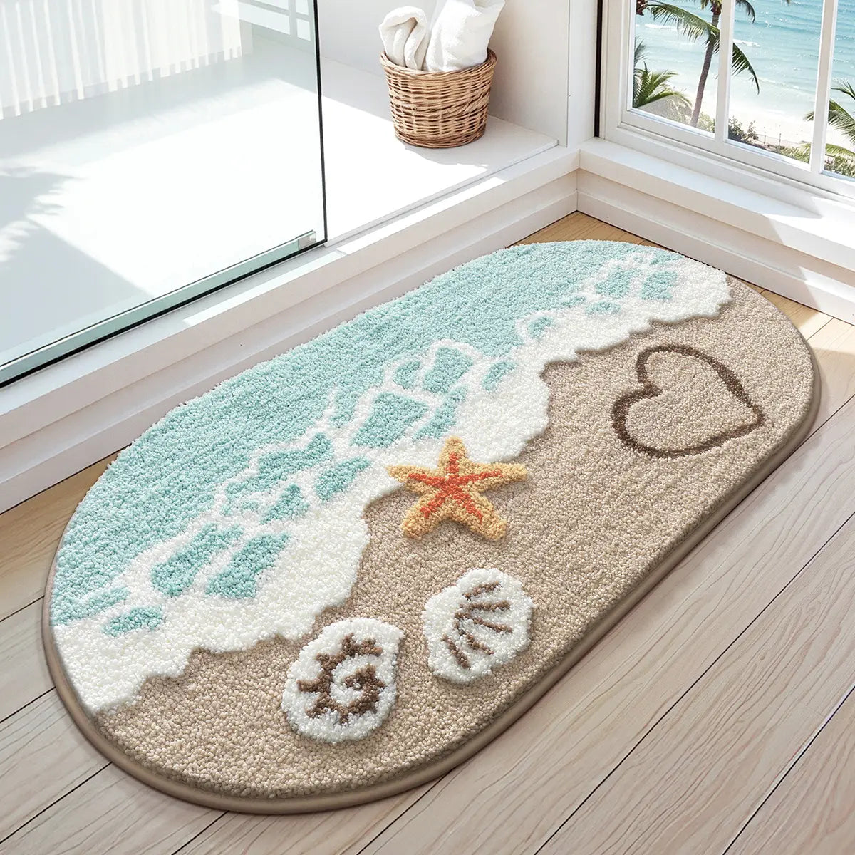 LUMI Soft Absorbent Beach Bathroom Rug Non Slip Backing Sea Beach Starfish Shell Design 22x34 Decorative Mats for Bathroom Kitchen Entryway