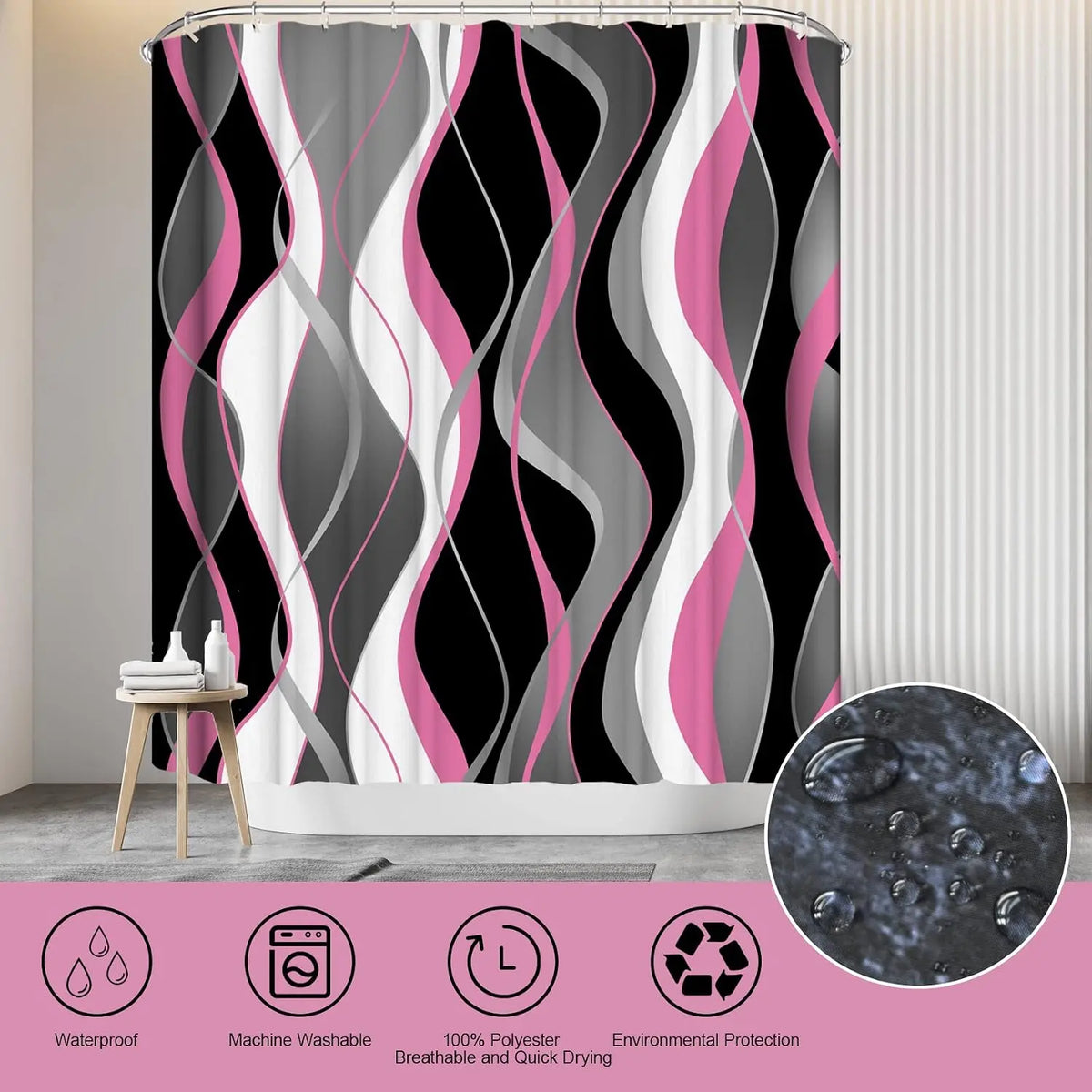 4Pcs Pink Shower Curtain Sets with Non-Slip Rugs, Toilet Lid Cover and Bath Mat, Black and Gray Bathroom Decor Set Accessories Fabric Waterproof Shower Curtains with 12 Hooks, 72 x 76 Inch