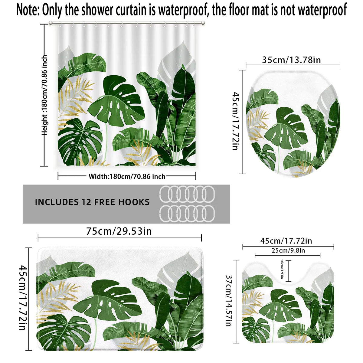[Popular Choice] 1pc/4pcs, bathroom curtains shower, bathroom set, shower curtain set, shower curtains, Boho Shower Curtains For Bathroom, bathroom rug, bathroom mat, Monstera pattern, tropical plant themed decoration, with 12 hooks.