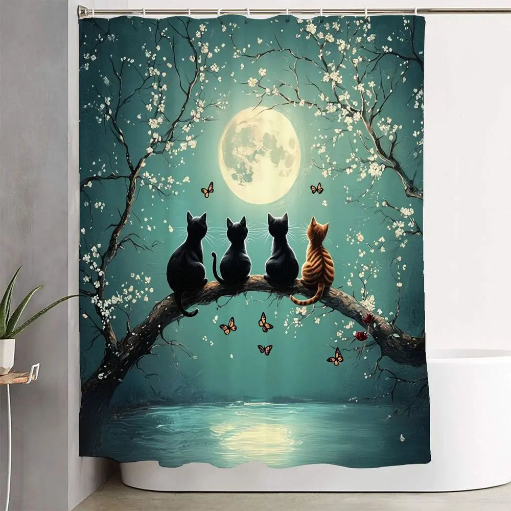 1/4pcs Teal Cat Moon Blossom Bathroom Decorative Shower Curtain Set, Celestial - Includes Toilet Lid Cover, Bath Mats, Full Moon Nightscape, Black/Brown Cats on Branch, Teal Sky Water Reflection, Home Decor