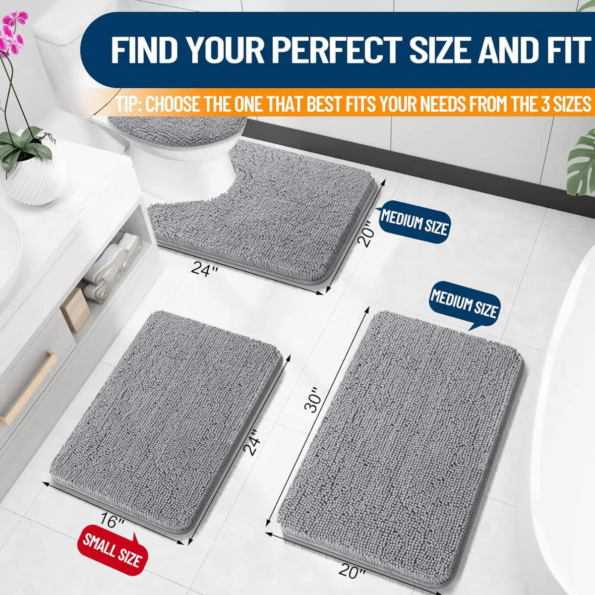 Bathroom Rugs 30x20, Extra Soft Absorbent Chenille Bath Rugs, Rubber Backing Quick Dry