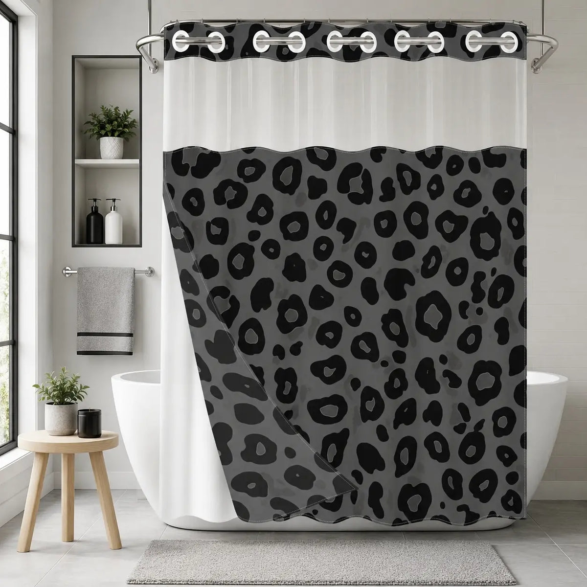 1Pc Hookless Double Layer Shower Curtain, No Hook Shower Curtain With Snap In Liner, Gray Black Leopard Allover Print, Water Repellent Washable Fabric, Removable Snap-in Liner, Top See-Through Window, For Apartment, Hotel, Guest Bath