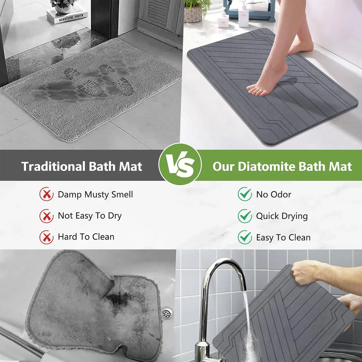Rectangle Mineral Diatomite Bath Mat - 23.6"x15.4" Ultra Absorbent, Non-Slip, Quick Drying Bath Mat for Tub, Wetroom Bathrooms, Easy to Clean Home Decor Bathroom Accessory Home Essential