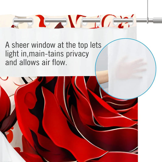 LVRLVR 1pc Romantic Red Rose Floral Flower Decorative Shower Curtain and Liner with Sheer Top Window, Detachable Liner & No Hook C-Ring, 70.8" x 74"