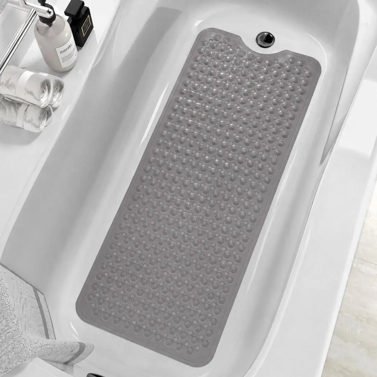 Bathroom Essentials Mat 40x16 Inch,Non Slip Mat With Strong Suction Cups,Large Machine Washable Shower Rug,Drain Holes Keep Tub Clean,Waterproof Mold Resistant Rubber PVC Mat,Blue Black Transparent Light Gray,Bathroom Supplies,Holiday Gift For Family, Bat
