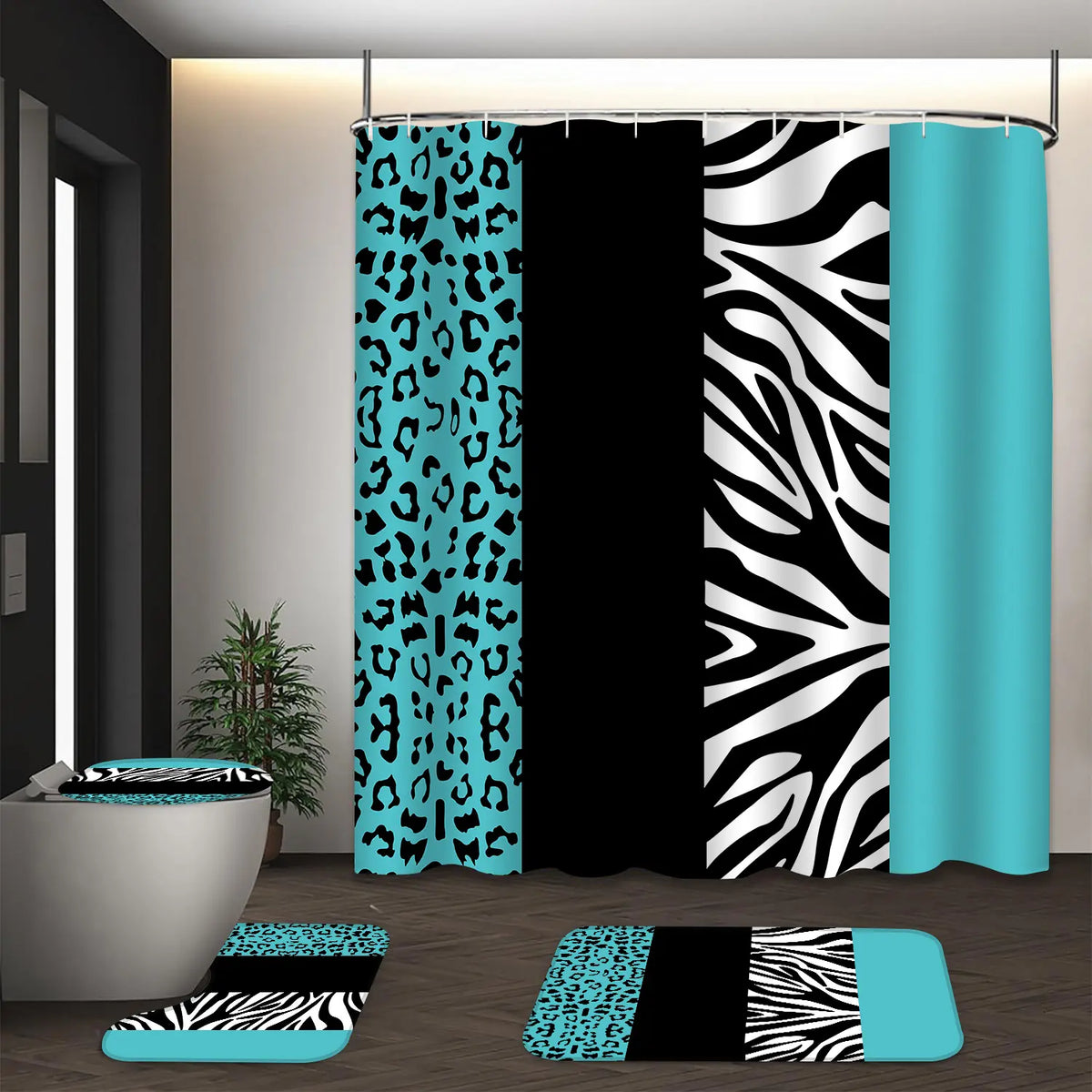 LVRLVR 4Pcs Leopard Zebra Print Bold Animal Print Multi-Color Bathroom Shower Curtain Set 70.8×70.8 Inch