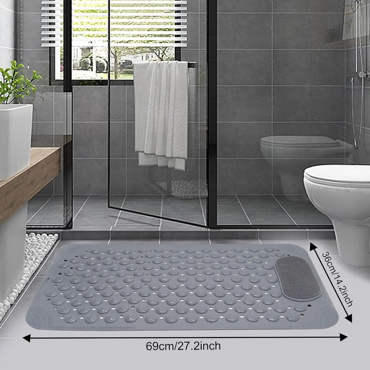 Bath Tub Shower Mat, 27x14 inch Non Slip Bathtub Mat with Suction Cups, Anti Slip Shower Mat with Drain Holes Suction Cups,Shower Foot Scrubber Mat, Foot Massage Bath Mat (Grey)