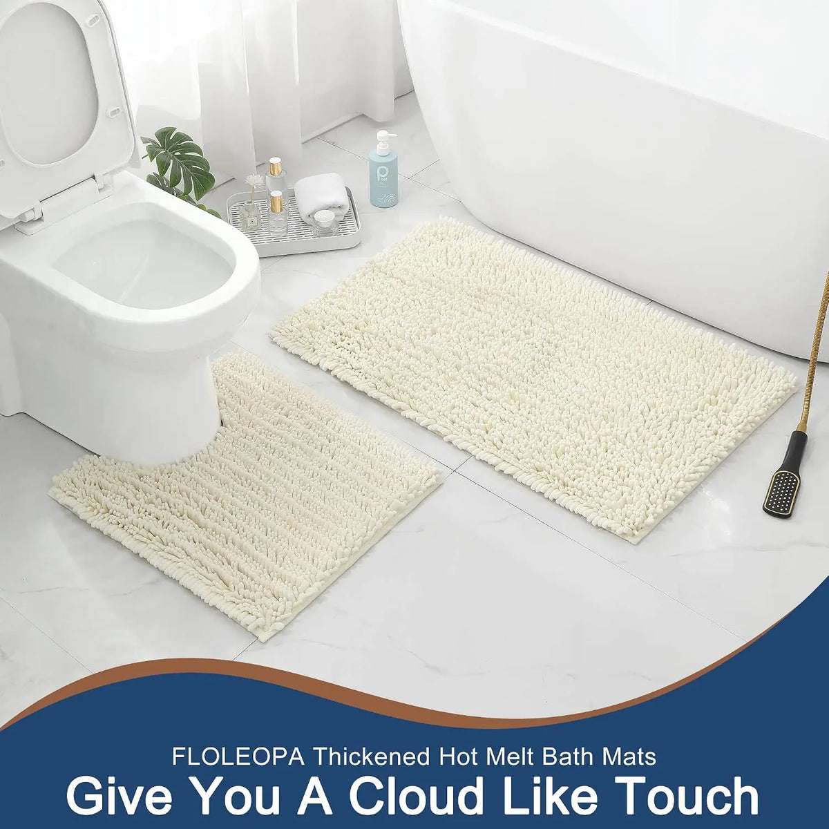 FLOLEOPA Luxury Shaggy Toilet Bath Mat U-Shaped Contour Rugs for Bathroom, Soft Comfortable Toilet Floor Mat, 24 X 20 Inches, Super Absorbent Water, Non-Slip, Machine-Washable, Cream