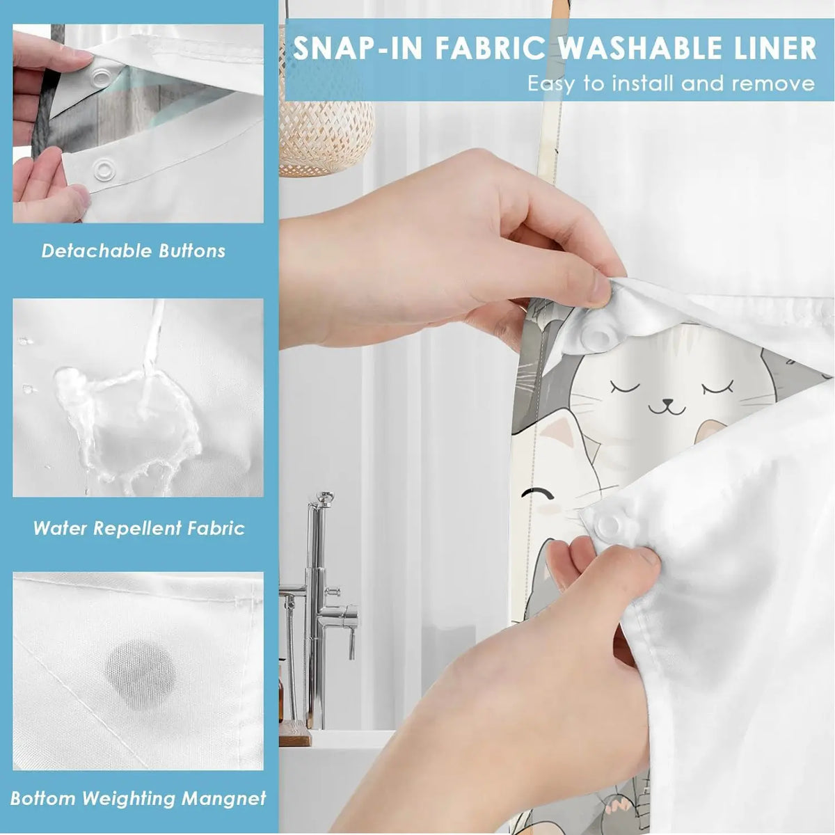 1pc hookless bathroom shower curtain no hooks with buckle lining, multi-colored densely arranged cat design, 2D flat printing, waterproof fabric lining, see-through double-layer shower curtain and liner, 71 x 74 inches, modern home draping curtain
