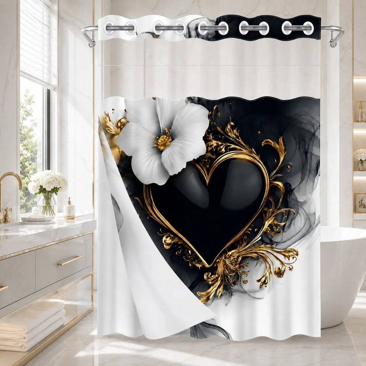 No Hooks Black Gold Heart Floral Shower Curtain with Snap-In Liner, Double-Layer Waterproof Fabric, Sheer Mesh Top, Removable White Liner, Floral Shower Curtains For Bathroom, Baroque Bathroom Decor, Bathroom Accessories, 72x75in