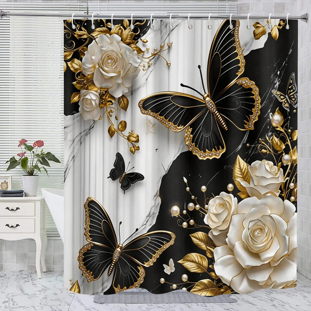 Bathroom Shower Curtain Set, Marble Butterfly Pattern, Luxury Theme Decor, Bath Mat Rug, Includes 12 Hooks, Home Decoration Gift, Restroom Bathroom Accessories