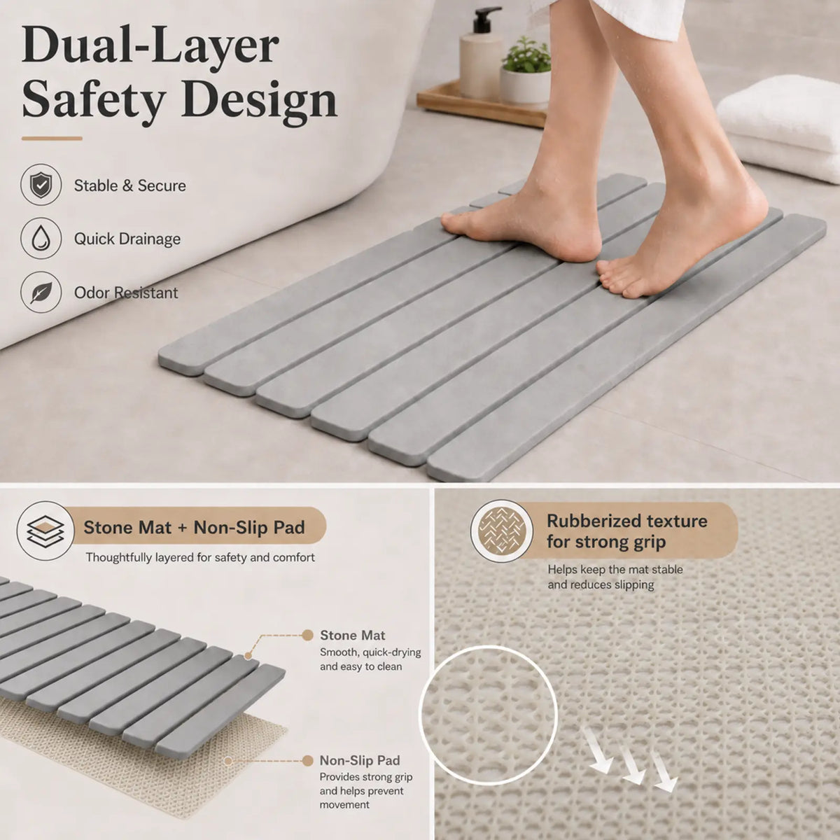 Large Slatted Minimalist Natural Stone Diatomaceous Earth Bath Mat - 24x16in Water Absorbent Quick-Dry Shower Rug, Heat Resistant, Durable, Eco-Friendly Bathroom Accessory, Box Packed, Sohochic