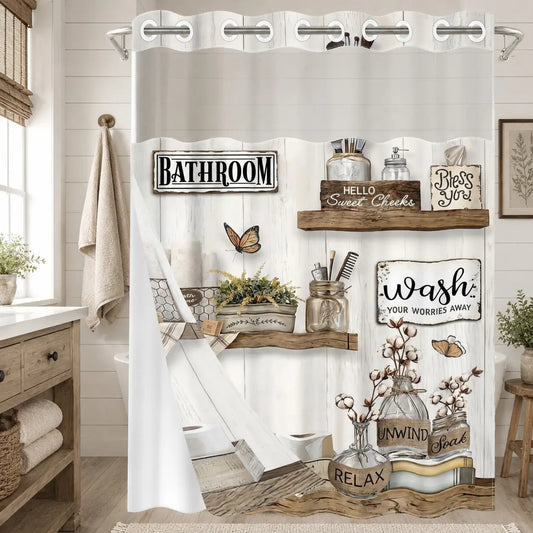 1Pc Double Layer Shower Curtain, Rustic Farmhouse Butterfly Print, Removable Snap-in Liner, Water Repellent Washable Fabric For Apartment Rental Bathtub Shower, 71x74 Inch, Shower Curtain No Hooks With Liner
