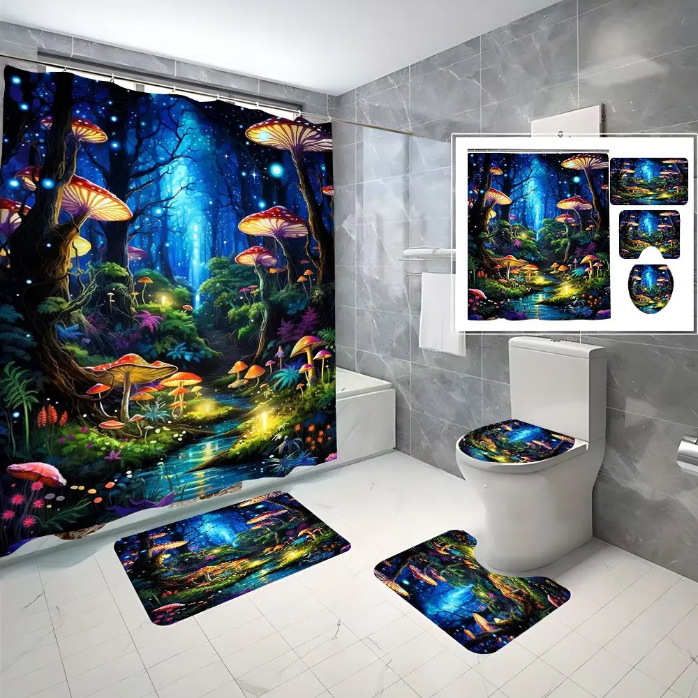 4 Pcs Magical Mushroom Forest Bathroom Curtain Sets with 12 Hooks, Enchanted Night Forest Large Waterproof Mildew Proof Bathroom Curtain, Decorative Shower Curtain, Bathroom Curtains Shower, Toilet Lid Cover, Non-Slip Bathroom Rugs and U Shape Bath Mat