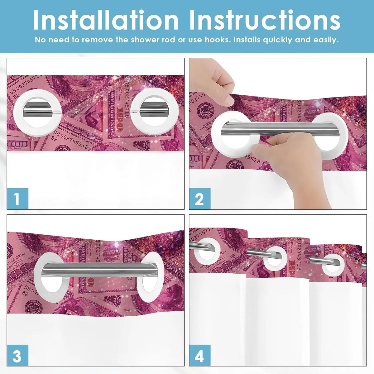 1PC 2D Flat No Hooks Double Layer Shower Curtain, Printed Shower Curtain, Pink Glitter Dollar Full Print Waterproof Fabric, Home Decor, Accessories for Hotel, Home Bathroom, Clear Top Window & Detachable Snap-In Liner, Room Divider, 71×74 Inch