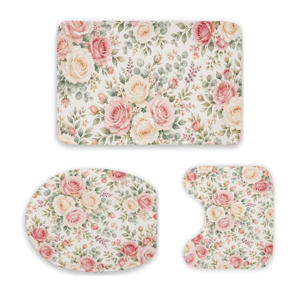 3-Piece Vintage Pink Rose Bathroom Combo Set - French Country Rustic Garden Home Supplies, Floral Design, Soft Absorbent Cushioned Anti-Slip, Washable Bath Mats, U-Shaped Toilet Rug & Lid Cover, Holidays Mother’s Day Gift Idea