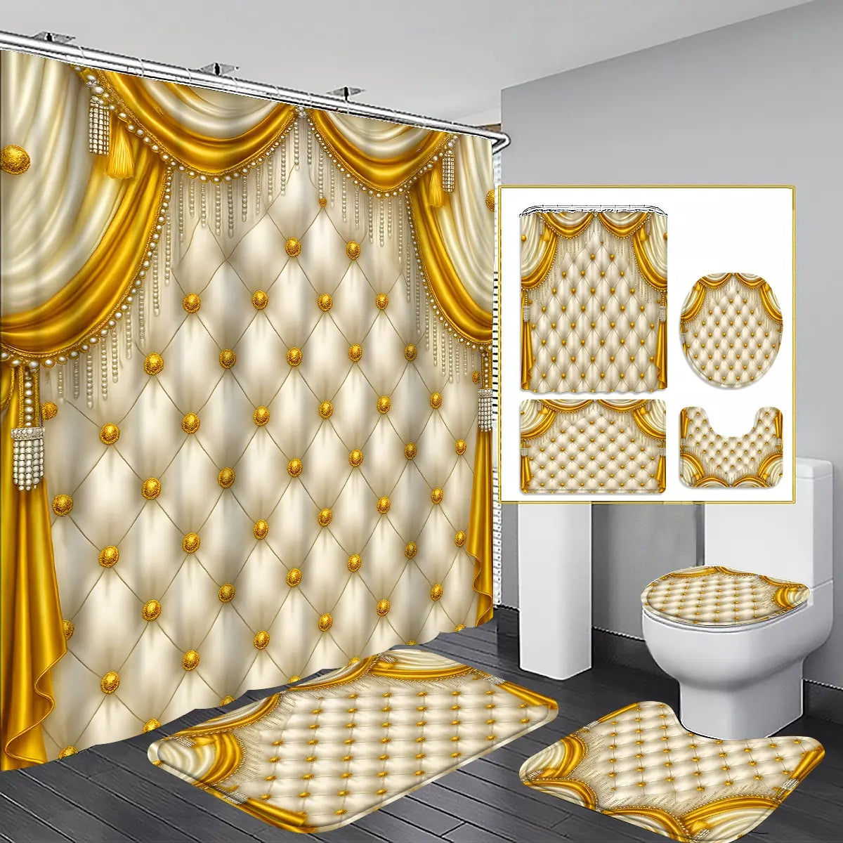 Luxury Bathroom Curtain Set, 1 Shower Curtain, 1 Toilet U-Shape Mat, 1 Rectangular Mat, 1 Toilet Lid Cover, Casual Style, Wall Mounted, Shower Curtain Sets, Bathroom Decoration Accessories, Bathroom Decor And Accessories