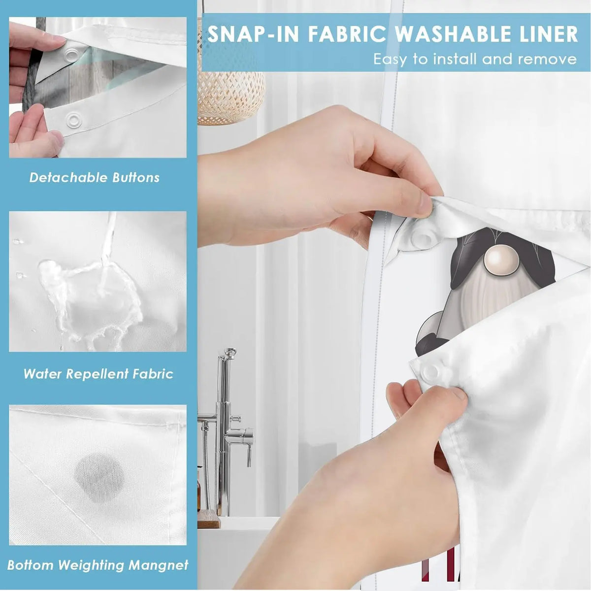 1Pc Hookless Double Layer Printed Shower Curtain, Holiday Gnome Pumpkin Spider Coffee Cup Print, Halloween Fall Christmas Bathroom Decor, Waterproof Washable Fabric, Removable Snap-in Liner, Top See-Through Window, For Apartment, Guest Bath, RV
