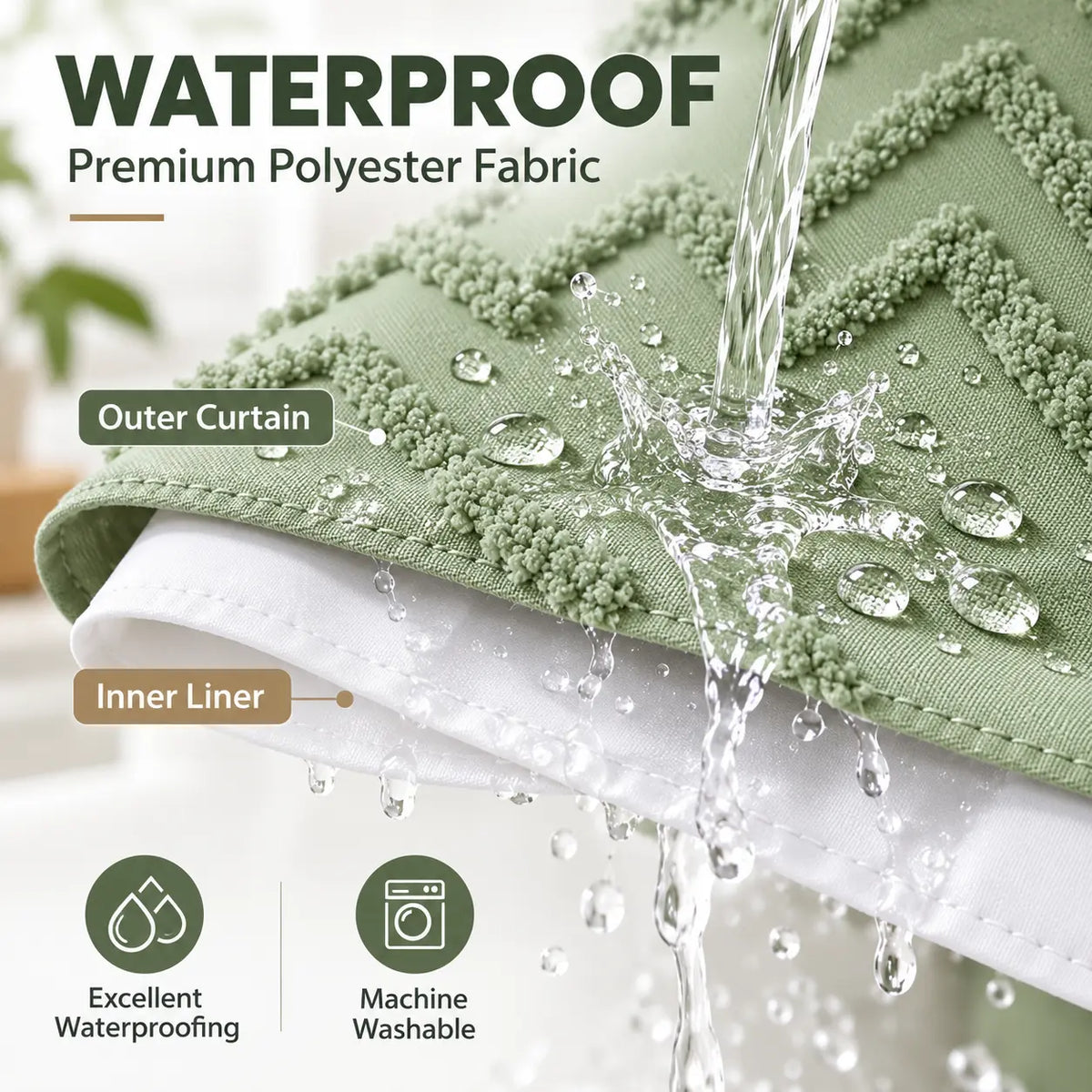 Hookless Shower Curtain with Snap-in Liner, Textured Bathroom Curtain Set, Built-in Plastic Rings, Water-Repellent Polyester Fabric, Machine Washable, 71 x 74 in