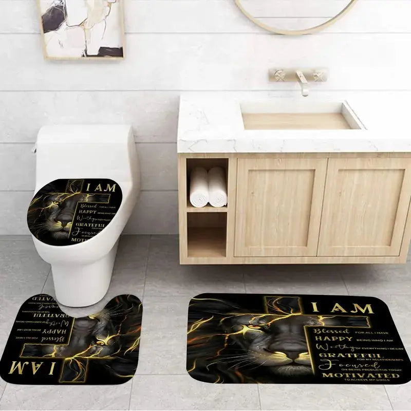 1pc/4pcs cross and lion shower curtain set, non-slip floor mat, U-shaped carpet, toilet lid cover, perfect for bathroom decoration, partition, beautify the space, 12 shower curtain hooks are included