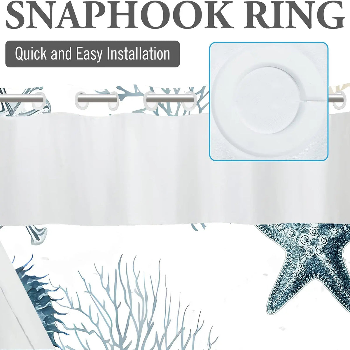 LVRLVR 1pc Coastal Ocean Print Beach Shower Curtain with Sheer Top Window, Detachable Liner & No Hook C-Ring, 70.8" x 74"