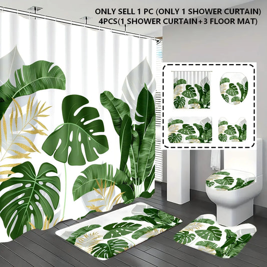[Popular Choice] 1pc/4pcs, bathroom curtains shower, bathroom set, shower curtain set, shower curtains, Boho Shower Curtains For Bathroom, bathroom rug, bathroom mat, Monstera pattern, tropical plant themed decoration, with 12 hooks.
