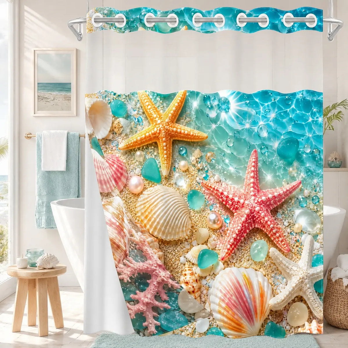 1Pc Hookless Double Layer Shower Curtain, Coastal Seashell Starfish Beach Print, Bathroom Makeover Decor Curtain, Water Repellent Washable Fabric, Removable Snap-in Liner, Top See-Through Window, For Apartment, Hotel, Guest Bath