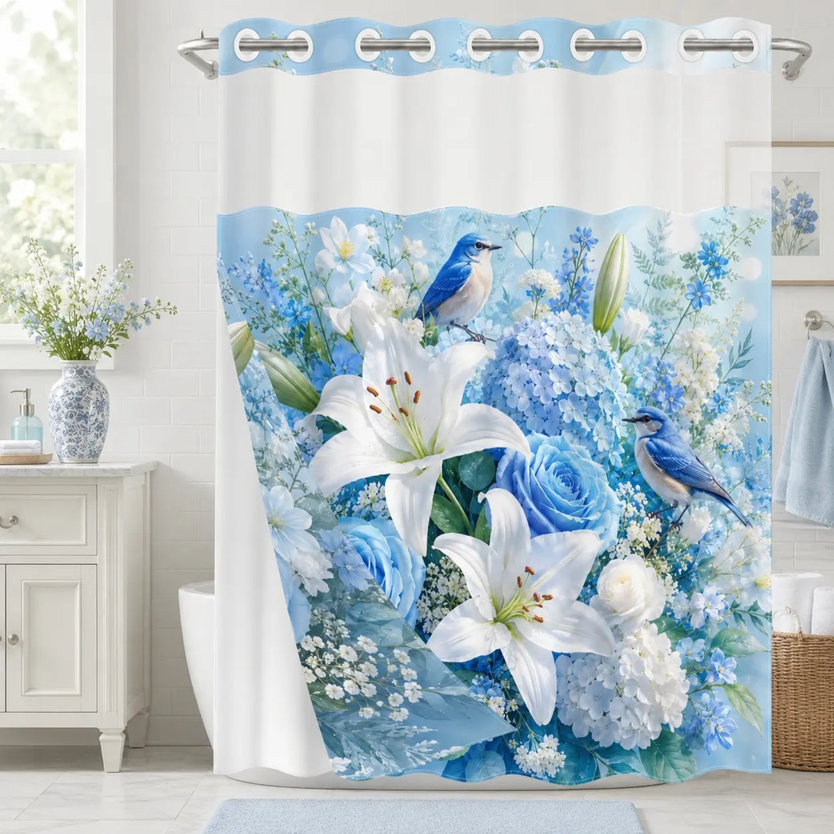 Blue Lily Rose Bird No Hook Shower Curtain Floral with Snap-In Liner, Double Layer Waterproof, Sheer Mesh Top, Removable White Liner, Machine Washable, Farmhouse Garden Decor, Hotel, Dorm & Home Bathroom Accessory, 72 x 74 Inches