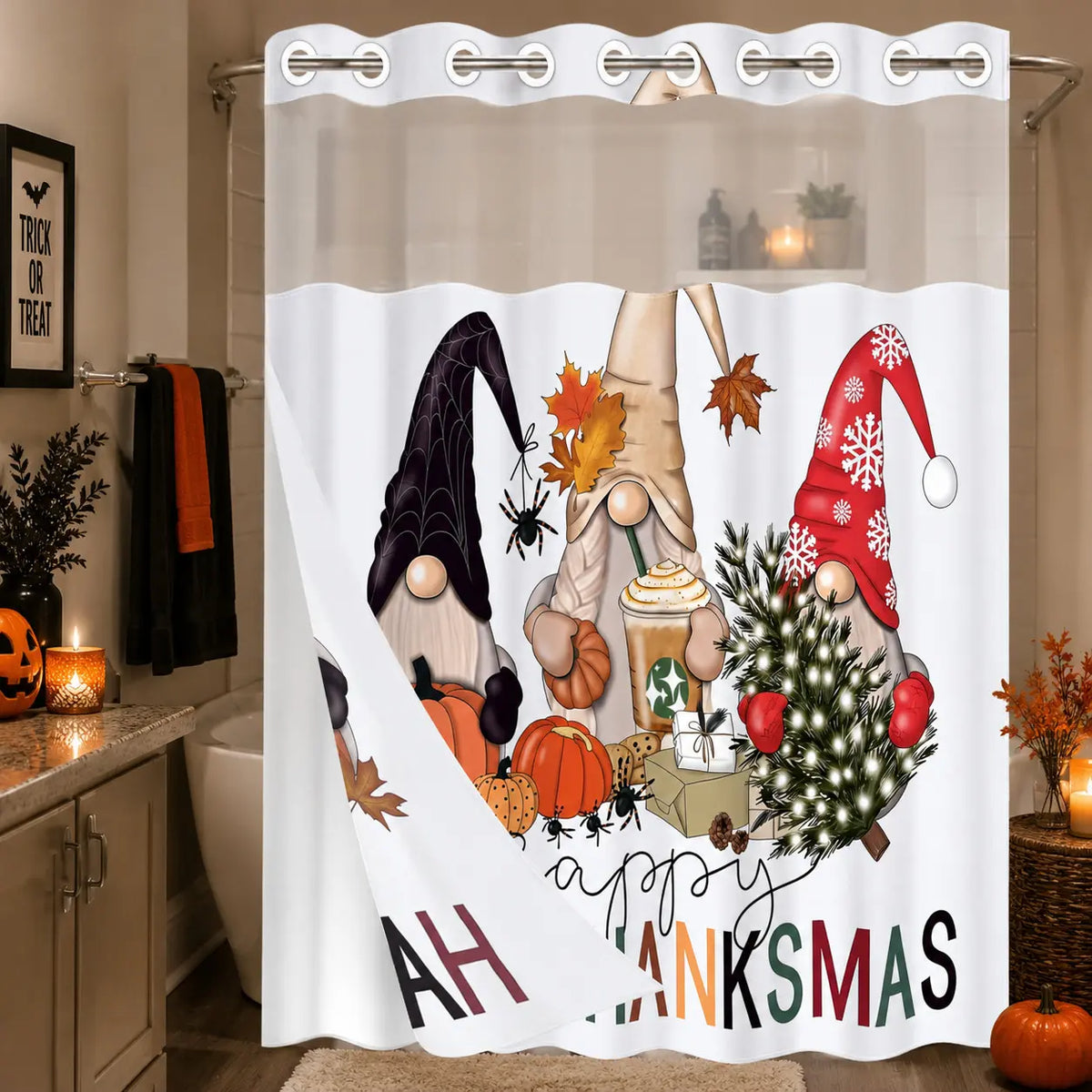 1Pc Hookless Double Layer Printed Shower Curtain, Holiday Gnome Pumpkin Spider Coffee Cup Print, Halloween Fall Christmas Bathroom Decor, Waterproof Washable Fabric, Removable Snap-in Liner, Top See-Through Window, For Apartment, Guest Bath, RV