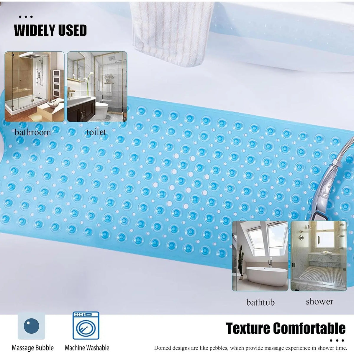 Shower Floor Mat 40x16 Inch,Non Slip Bath Mat With Firm Suction Cups,Extra Large Machine Washable Bathtub Rug,Drain Holes Keep Tub Clean,Waterproof Mold Resistant Rubber PVC Mat,Blue Black Transparent Light Gray,Home Essentials For All Ages Family