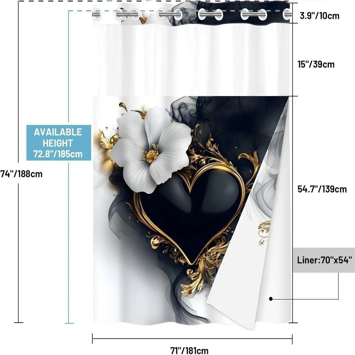No Hooks Black Gold Heart Floral Shower Curtain with Snap-In Liner, Double-Layer Waterproof Fabric, Sheer Mesh Top, Removable White Liner, Floral Shower Curtains For Bathroom, Baroque Bathroom Decor, Bathroom Accessories, 72x75in