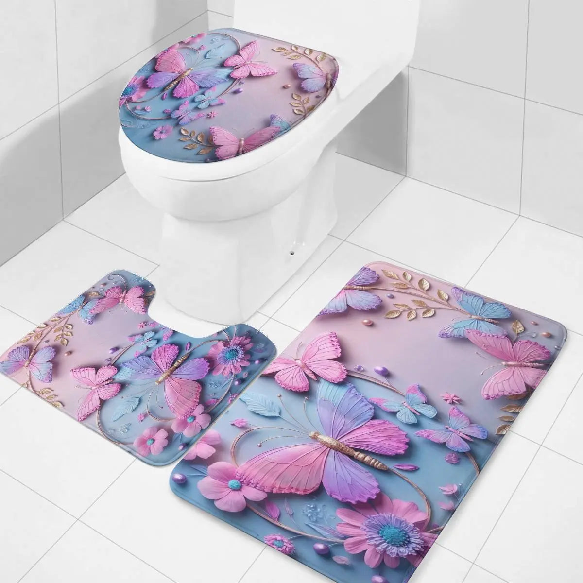 Fairycore Aesthetic 4-Piece Shower Curtain Panel Set Package - Includes Non-Slip Mat, Toilet Cover, 12 Hooks, Shower Curtain Art - Soft Girl Home Vibe Restroom Bath Decor Home Supplies