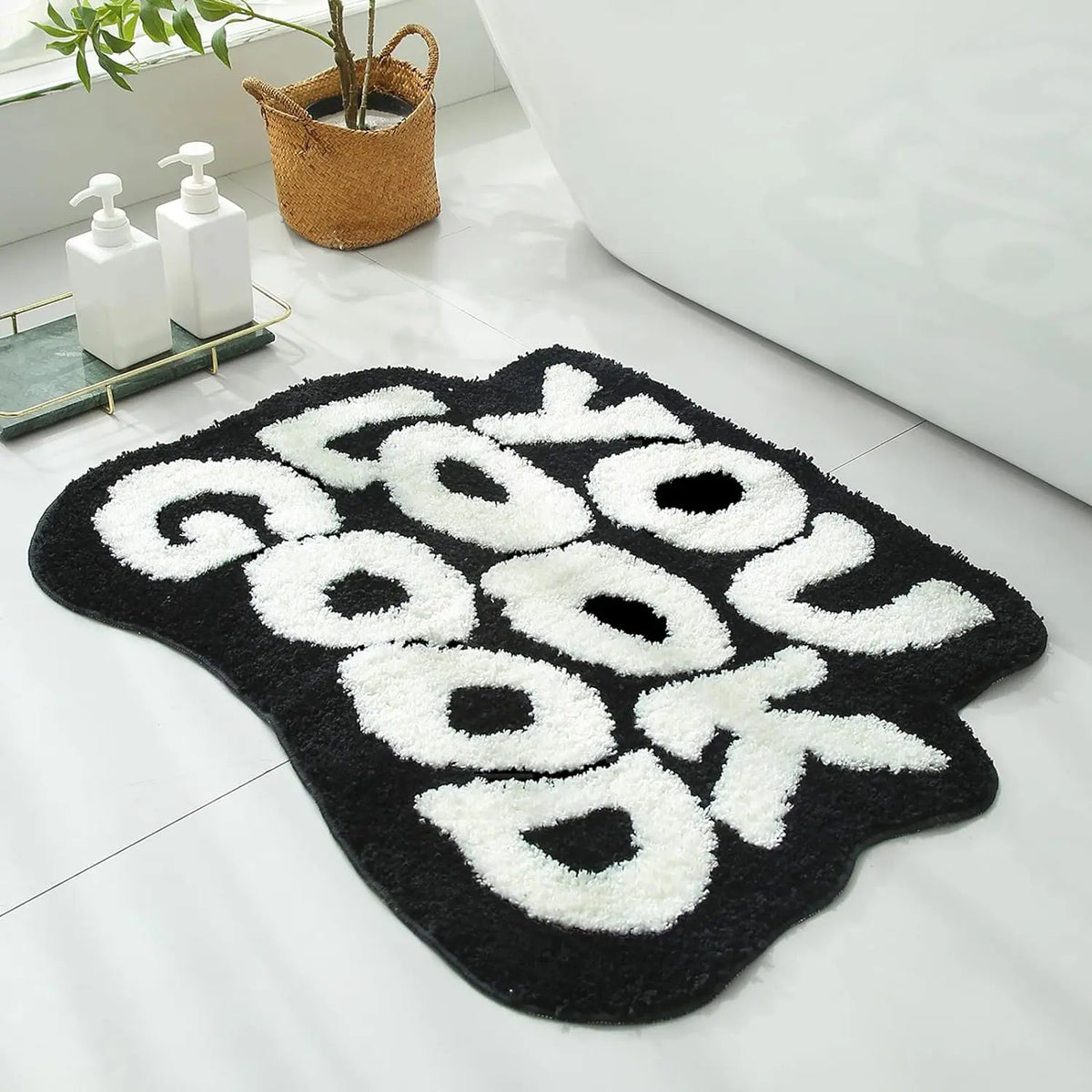 Black and White Letter Rectangle Microfiber Bath Mat (25in x 21in, 1-Piece) - Soft Cashmere Look, Modern Home Decor, Plush Foot Buffer, Absorbent, Stable TPR Grip, Elderly-Friendly, Machine Washable, All-Season Bathroom Laundry Rug