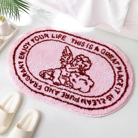 Pink Angel Vintage Cherub Sketch Bath Rug - Soft, Non-Slip Bathroom Accessory - Absorbent, Washable Mat - Dorm-Ready Decor for Girls' Bathroom