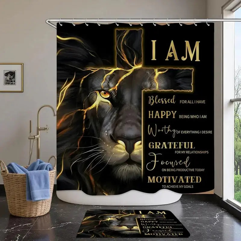 1pc/4pcs cross and lion shower curtain set, non-slip floor mat, U-shaped carpet, toilet lid cover, perfect for bathroom decoration, partition, beautify the space, 12 shower curtain hooks are included