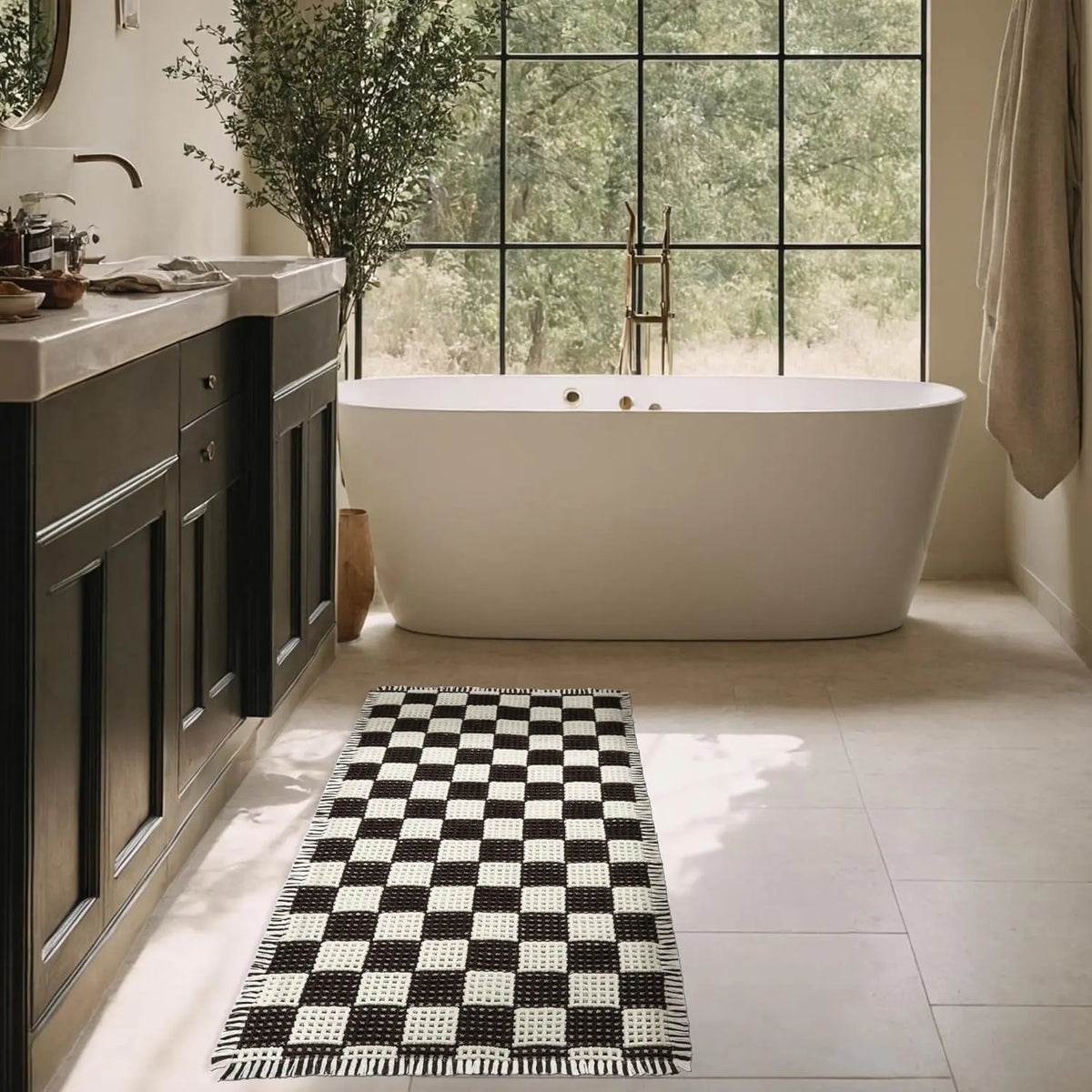 Nonslip Bathroom Rugs 2-Piece Plaid Set - Stays Put Grip, Safe Nonslip Base, Flat Weave, Black & White Woven Tasseled, Quick-Dry, Machine-Washable, Skin-Friendly, Multi-Size Rectangle (17"x24", 18"x30") Bathroom Decor, Sohochic