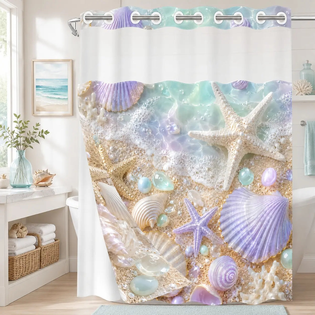 1Pc Hookless Double Layer Shower Curtain, Coastal Seashell Starfish Beach Print, Bathroom Makeover Decor Curtain, Water Repellent Washable Fabric, Removable Snap-in Liner, Top See-Through Window, For Apartment, Hotel, Guest Bath