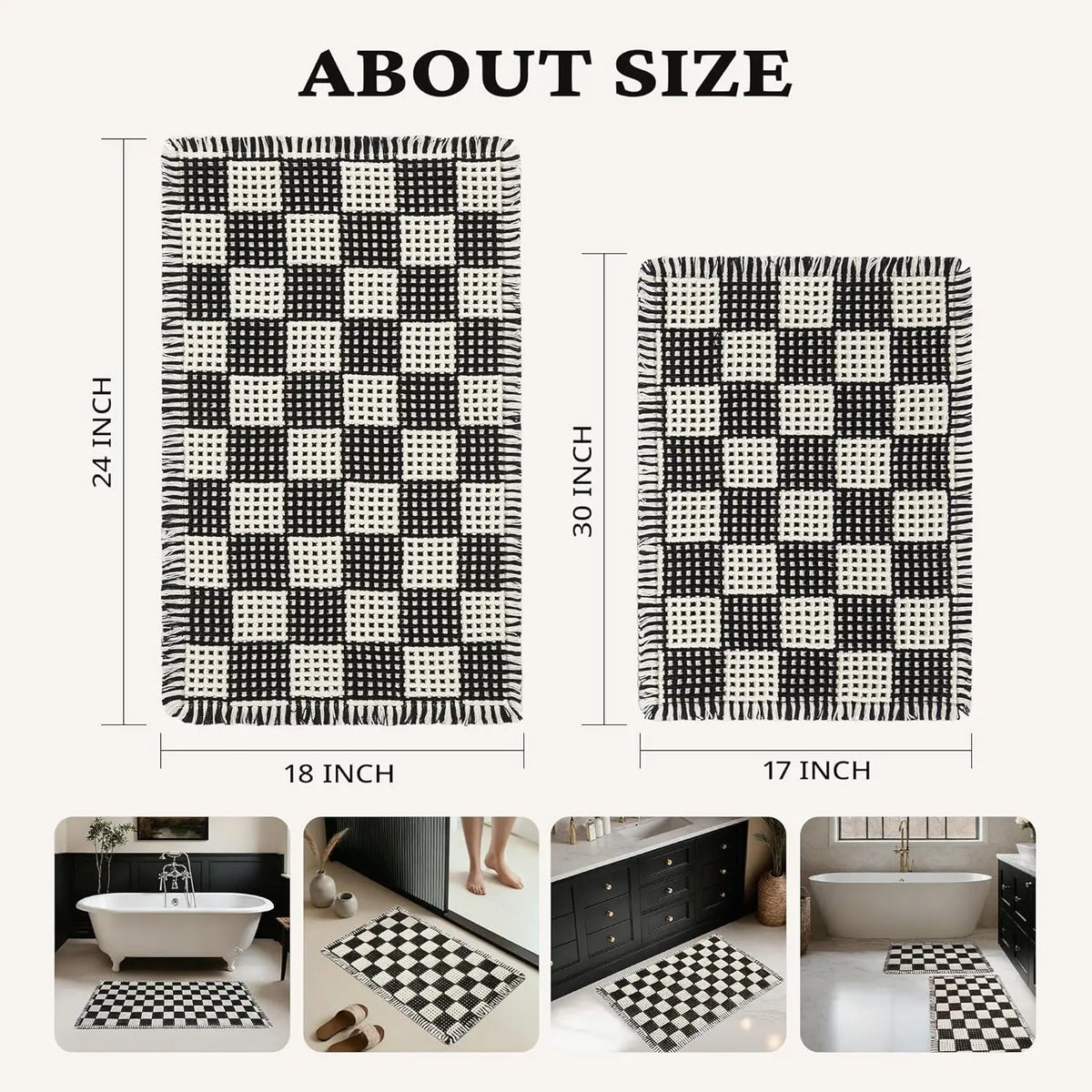 Nonslip Bathroom Rugs 2-Piece Plaid Set - Stays Put Grip, Safe Nonslip Base, Flat Weave, Black & White Woven Tasseled, Quick-Dry, Machine-Washable, Skin-Friendly, Multi-Size Rectangle (17"x24", 18"x30") Bathroom Decor, Sohochic