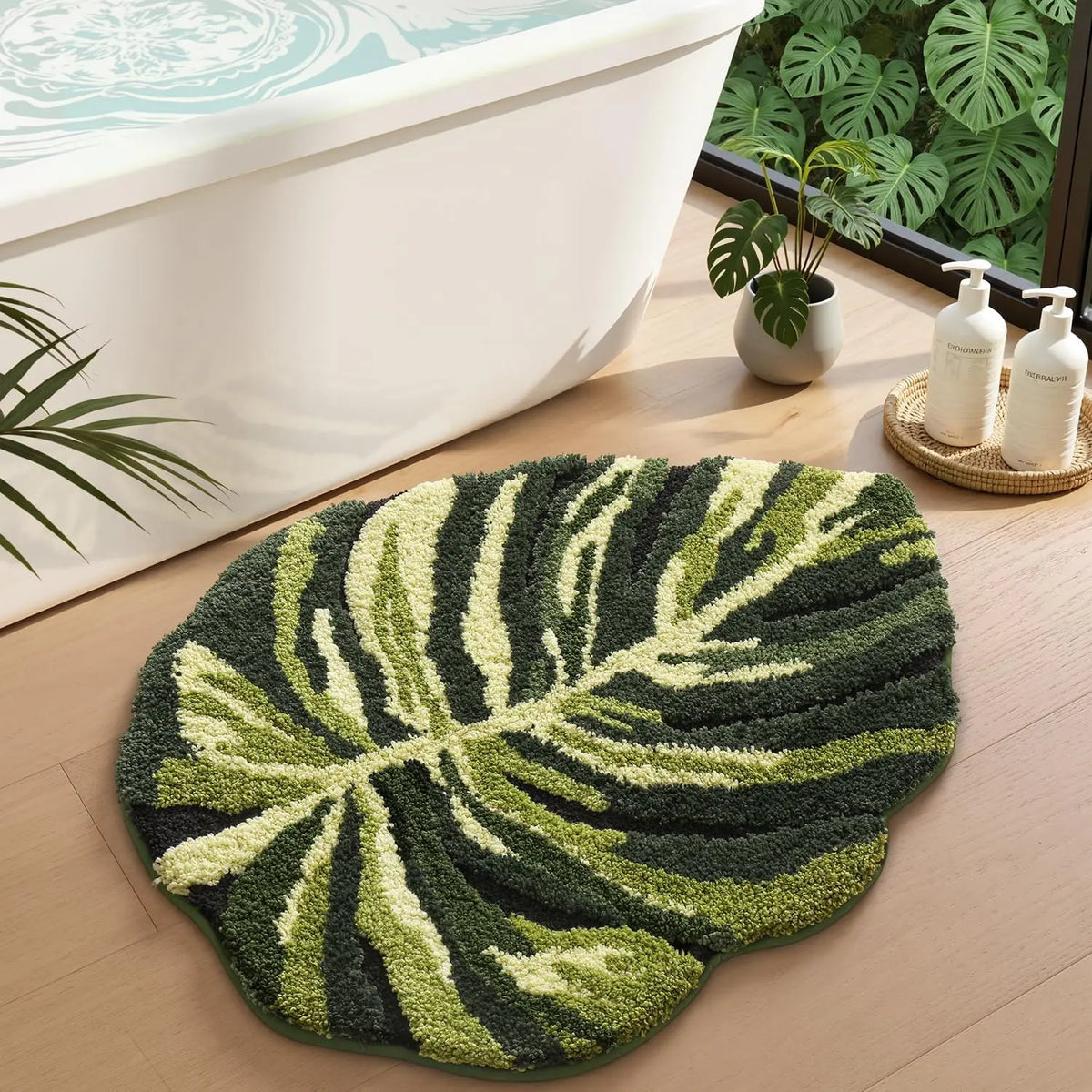 LUMI Green Leaf Canopy Bathroom Mat Non-slip Microfiber Rugs Absorbent Comfortable Tropical Palm Hawaiian Plants Decor Machine Washable Floral Design Fluffy Tufted Bathmat Home Goods