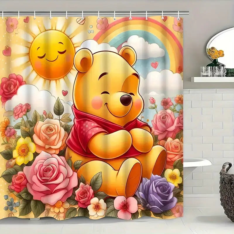 DISNEY CLASSIC Winnie the Pooh Printed Shower Curtain with 12 Durable Hooks, Modern Bathroom Accessory, Home Decor