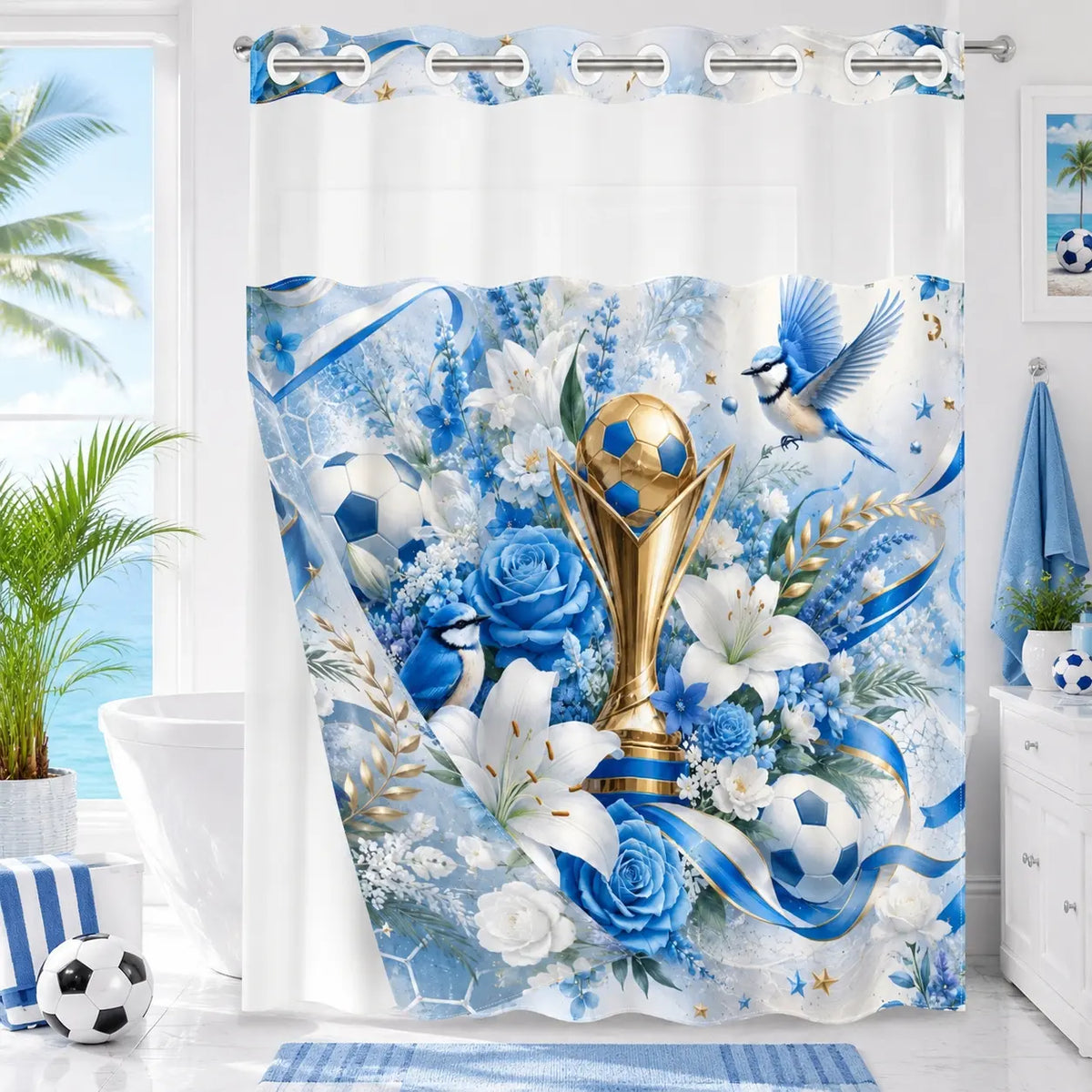 Blue Lily Rose Bird No Hook Shower Curtain Floral with Snap-In Liner, Double Layer Waterproof, Sheer Mesh Top, Removable White Liner, Machine Washable, Farmhouse Garden Decor, Hotel, Dorm & Home Bathroom Accessory, 72 x 74 Inches